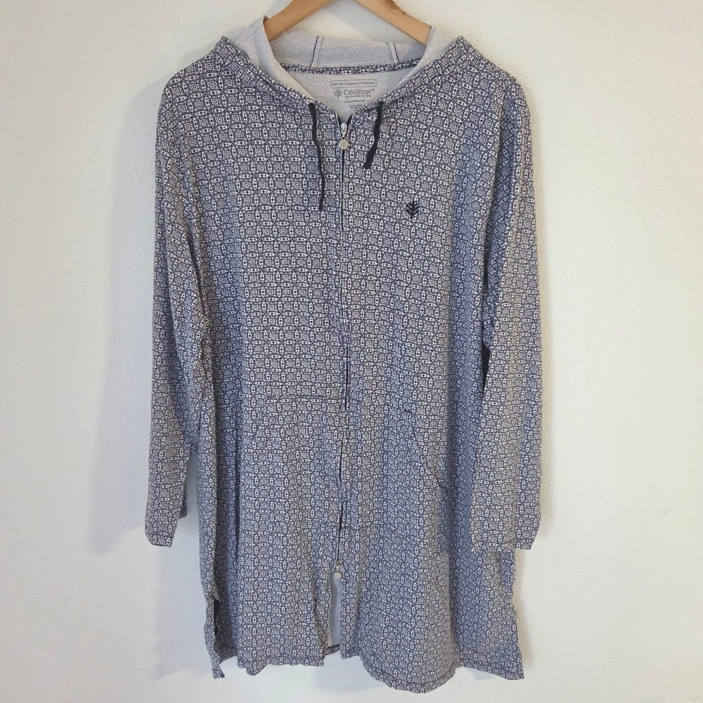Coolibar Cabana Hoodie XXL Blue White Geometric UPF 50+ Sun Protection Zip Front
